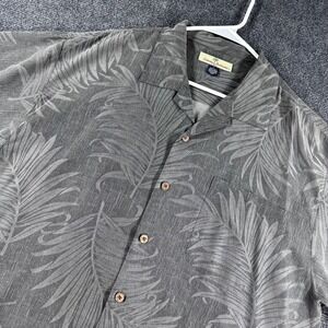 Tommy Bahama Button Down Shirt Mens L Large Grey Silk Palm Leaf Relax Camp